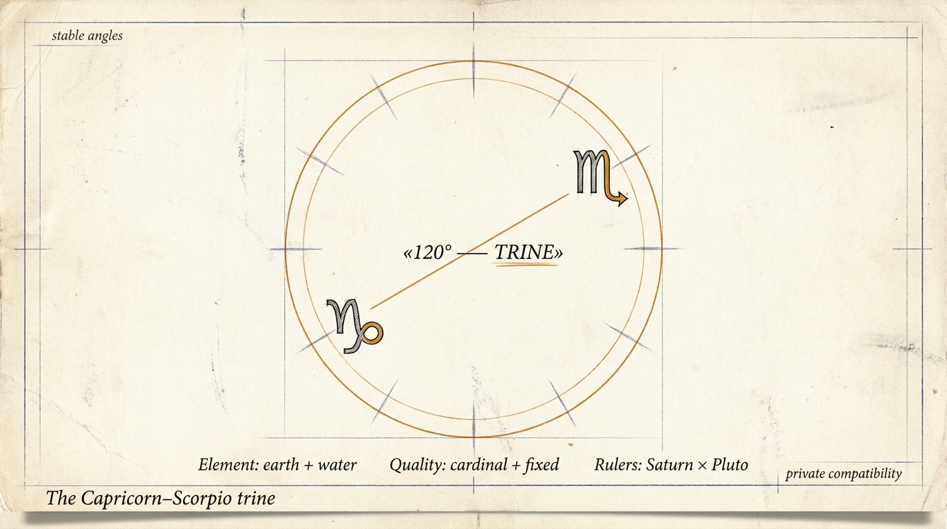 A botanical-illustration wheel-of-the-year on aged cream paper with the October-January quadrant shaded in soft amber watercolour and the Scorpio and Capricorn segments marked with hand-painted symbols