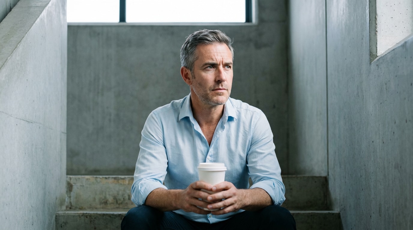 A 44-year-old White British man in office stairwell during break, wearing open-collar shirt, sitting on step with coffee cup, soft natural editorial lighting