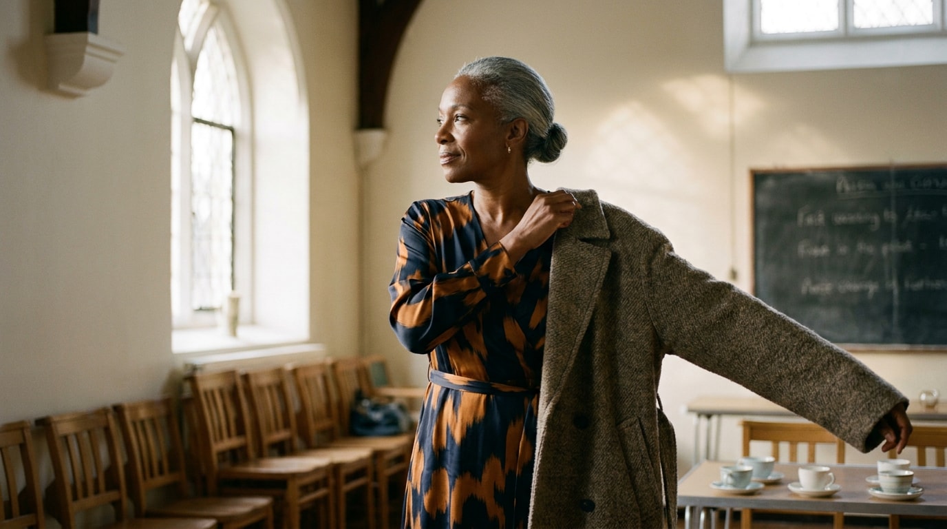A 64-year-old Black British (Caribbean) woman in church hall after a class, wearing patterned dress, putting on coat to leave, soft natural editorial lighting