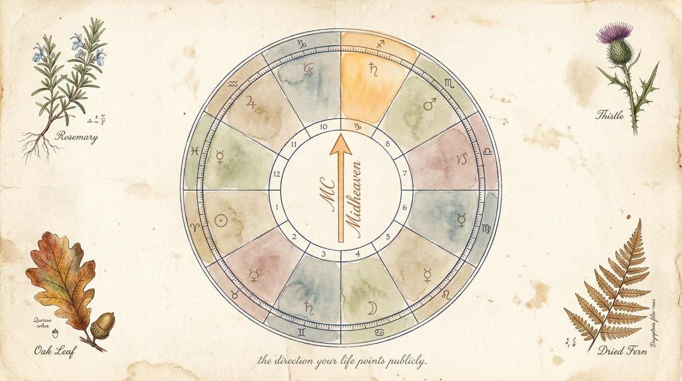 An Audubon-style botanical watercolour illustration on aged cream paper of a hand-drawn chart wheel with the 10th house segment washed in soft warm amber, an upward amber arrow labelled MC at the top cusp in copperplate script, and small pressed-botanical motifs in the corners