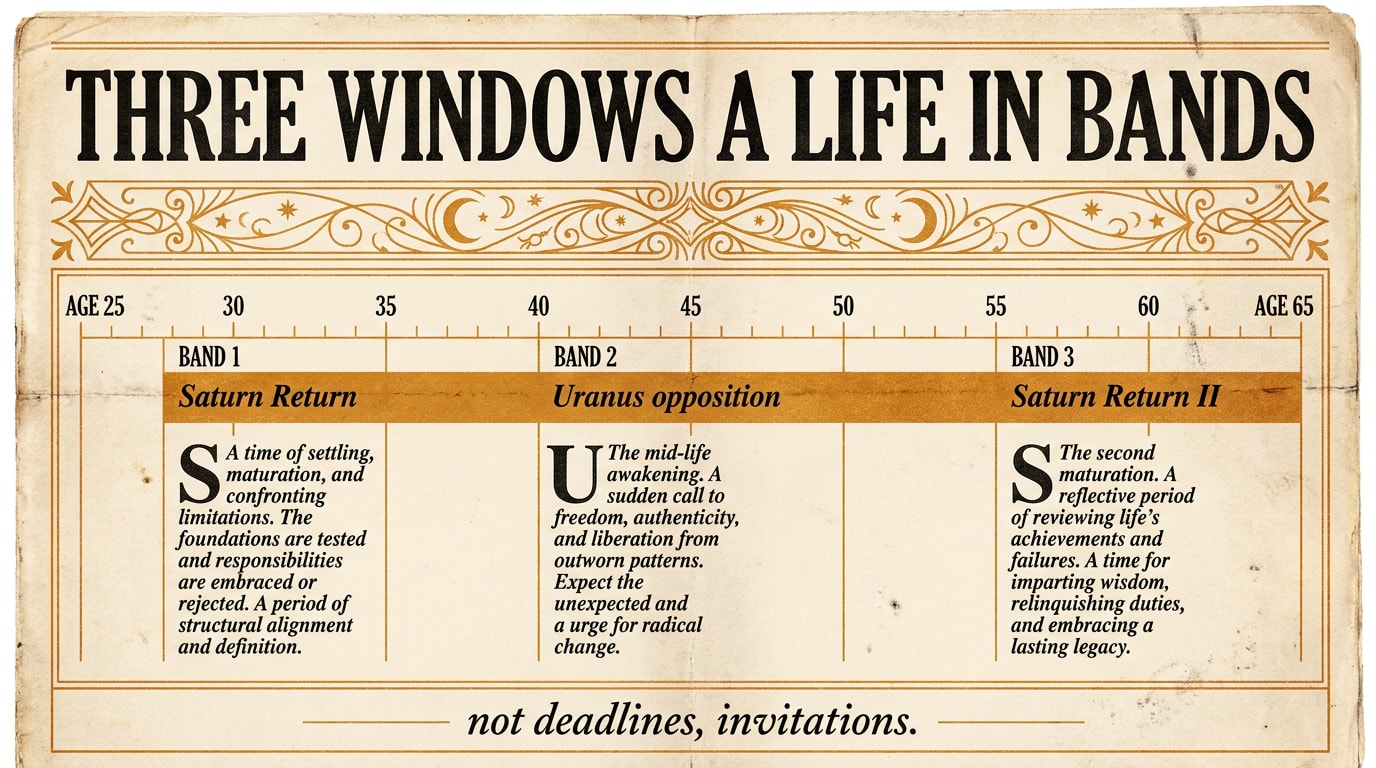 A vintage 1920s-40s broadsheet newspaper spread on warm cream newsprint titled THREE WINDOWS — A LIFE IN BANDS, with an oversized serif masthead, ornate Art-Deco divider, and a horizontal timeline carrying three dense amber bands at ages 28-30, 40-43, and 56-60 with serif drop-caps and italic captions in narrow columns