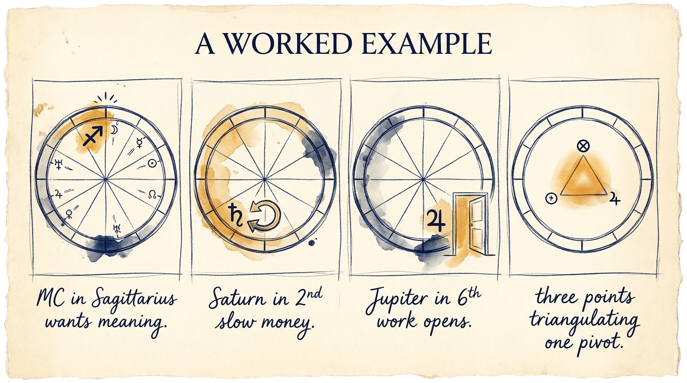 A four-frame hand-drawn comic-strip sequence in NYT op-ed graphic-essay register on warm cream paper, with loose ink lines and navy + amber washes — frame one a wonky chart wheel with the Sagittarius glyph on the MC, frame two with Saturn looped by a returning arrow, frame three with Jupiter beside a half-open door in the 6th house, and frame four with the three glyphs gathered in an amber triangle, each frame captioned in casual handwritten script