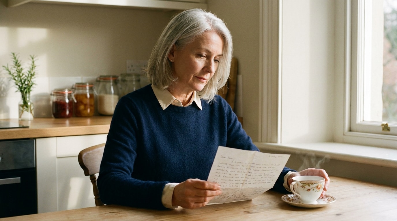 A 58-year-old White British woman in kitchen table morning, wearing navy jumper, reading handwritten letter, soft natural editorial lighting