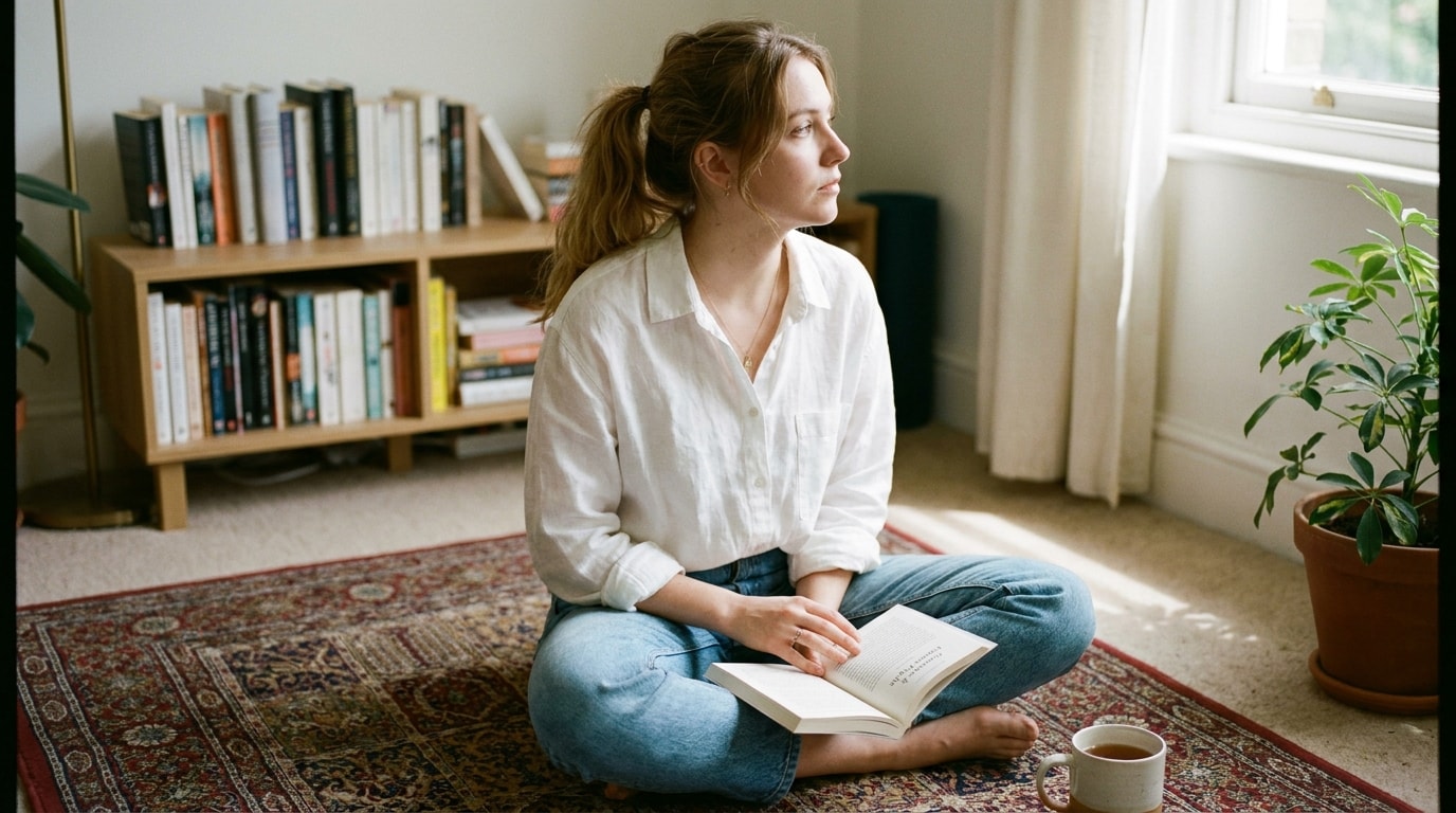 A 24-year-old White British woman in small flat living room, wearing oversized linen shirt + jeans, sitting cross-legged on a rug with a paperback, soft natural editorial lighting