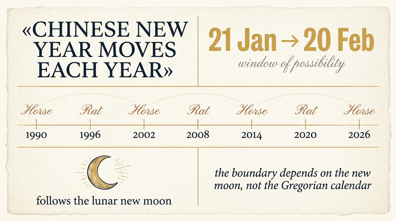 A bento-grid editorial infographic on cream paper with five typographic panels — a navy headline block reading «Chinese New Year moves each year», a large sans-serif date-range «21 Jan → 20 Feb», a horizontal timeline strip with six anchor years from 1990 to 2026, a crescent-moon panel, and a serif body note about the lunar boundary