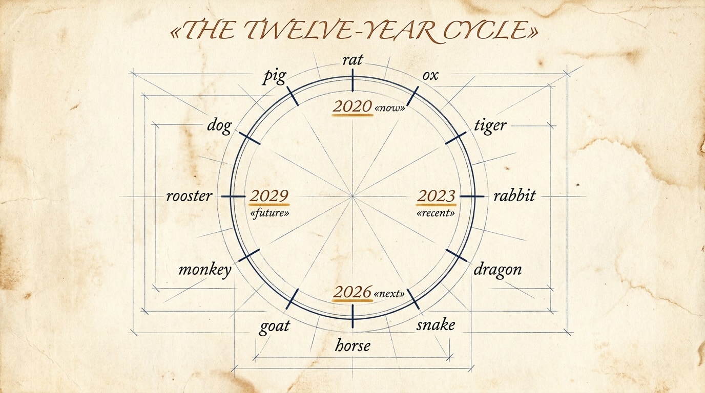 A hand-drawn architectural blueprint of the twelve-year cycle on aged ivory paper — a clean pen-line ring with twelve evenly spaced ticks, each labelled in handwritten italic serif (rat, ox, tiger, rabbit, dragon, snake, horse, goat, monkey, rooster, dog, pig), with light-navy measurement guides and four anchor years (2020, 2023, 2026, 2029) underlined in warm amber
