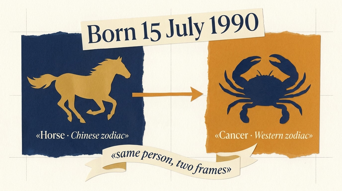 An editorial paper-collage in New Yorker style: a torn warm-navy block on the left holds a scissor-cut horse silhouette labelled «Horse · Chinese zodiac», a torn warm-amber block on the right holds a Cancer crab silhouette labelled «Cancer · Western zodiac», bridged by a thin amber paper arrow and an italic ribbon reading «same person, two frames», with a tilted cream banner headline «Born 15 July 1990»