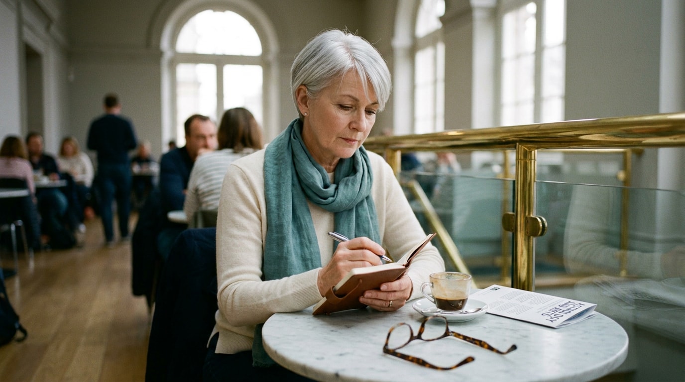 A 56-year-old woman of East Asian heritage with short silver hair, wearing a muted teal linen scarf, sitting at a marble cafe table in a museum after an exhibition, writing in a small notebook, leaflet and reading glasses set down beside a half-drunk coffee, composed and inward