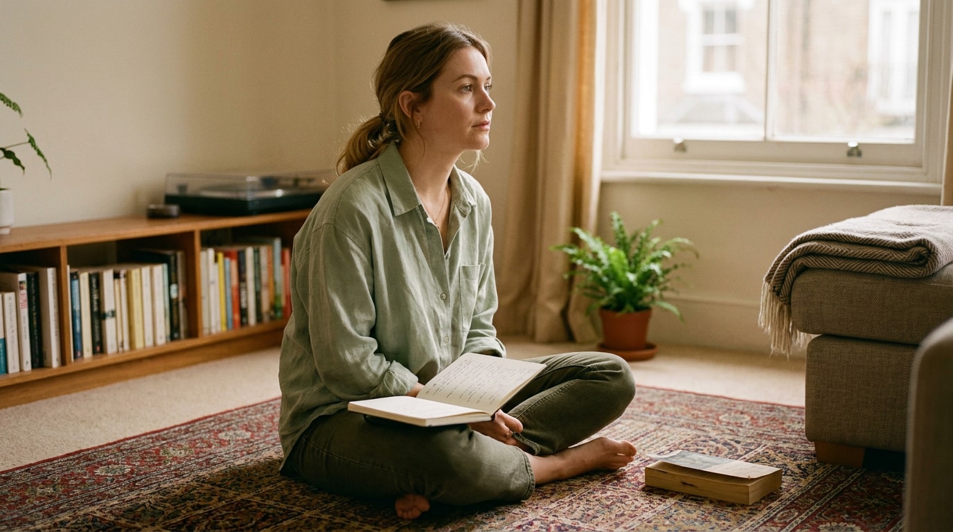 A 24-year-old White British woman in an oversized linen shirt and jeans, sitting cross-legged barefoot on a wool rug in a small flat living room, open notebook on her knee and a paperback beside her, looking past the page into the middle distance, soft amber daylight