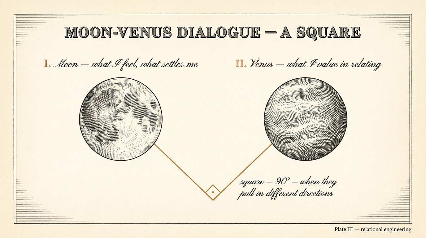 A vintage scientific-textbook engraving on warm cream paper, drawn in thin black ink, showing two carefully hatched orbs labelled 'I. Moon — what I feel, what settles me' and 'II. Venus — what I value in relating', connected by a single amber line at a precise 90-degree angle marked with a right-angle symbol and captioned 'square — 90° — when they pull in different directions'