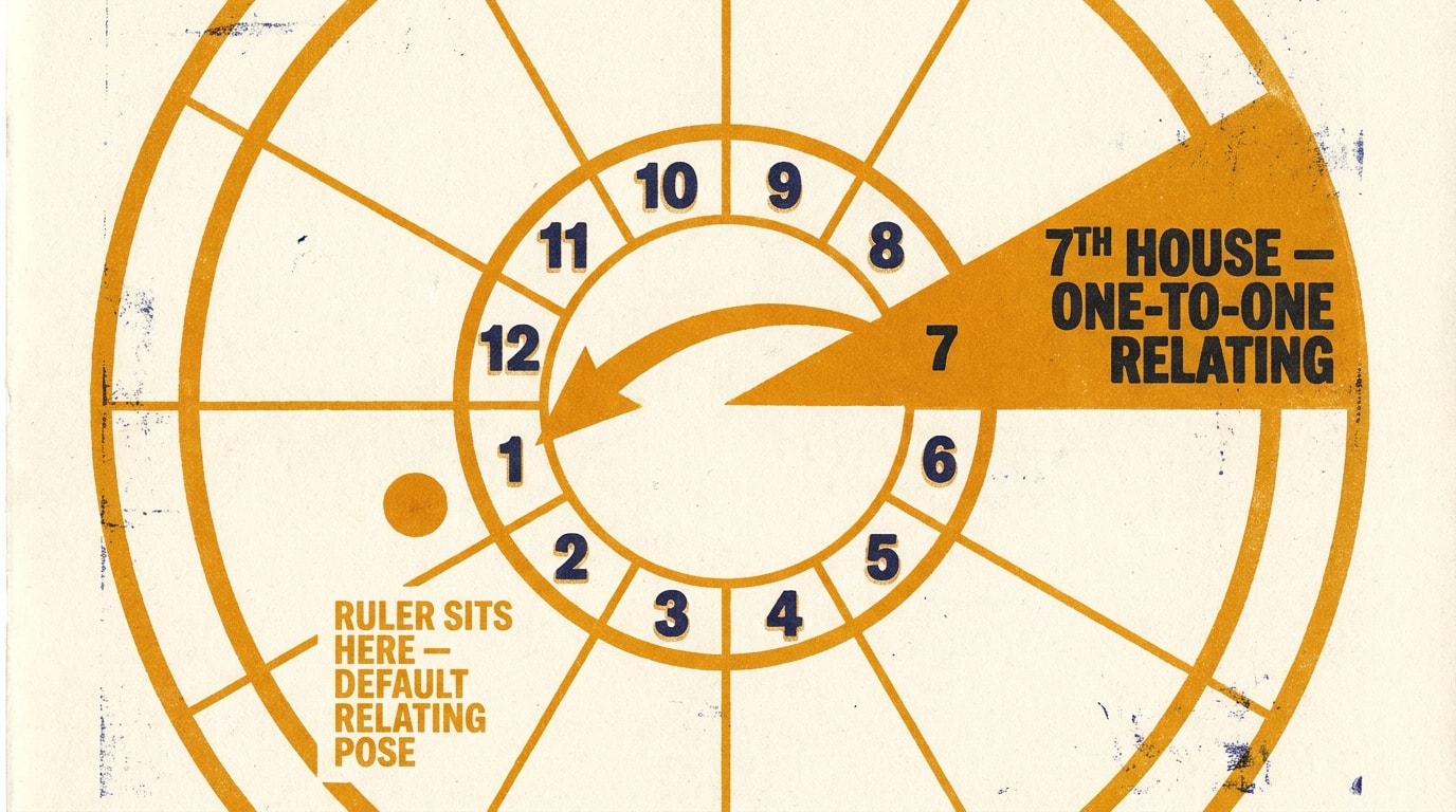 A risograph-printed zine page in navy, amber and cream with heavy print grain and slight colour misregistration, showing a bold simplified 12-house chart wheel in amber linework with houses numbered 1 to 12 in heavy navy sans-serif caps, the 7th-house wedge flooded amber and overprinted '7TH HOUSE — ONE-TO-ONE RELATING', and a thick amber arrow curving from the 7th house to a solid amber dot in the 12th house captioned 'RULER SITS HERE — DEFAULT RELATING POSE'