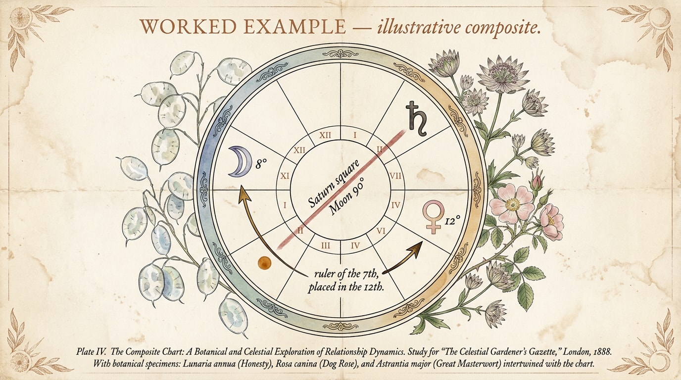 An Audubon-style botanical-celestial watercolour plate on aged cream paper, painted in soft washes inside thin black ink outlines, showing a delicate 12-house chart medallion with houses numbered I to XII in copperplate script, a crescent Moon glyph in the Pisces wedge at 8 degrees, a Venus glyph in the Libra wedge at 12 degrees, a Saturn glyph joined to the Moon by a muted red ink line marked 'Saturn square Moon · 90°', and a small amber painted dot in the 12th house with a slender ink arrow curving from the 7th house captioned 'ruler of the 7th, placed in the 12th'