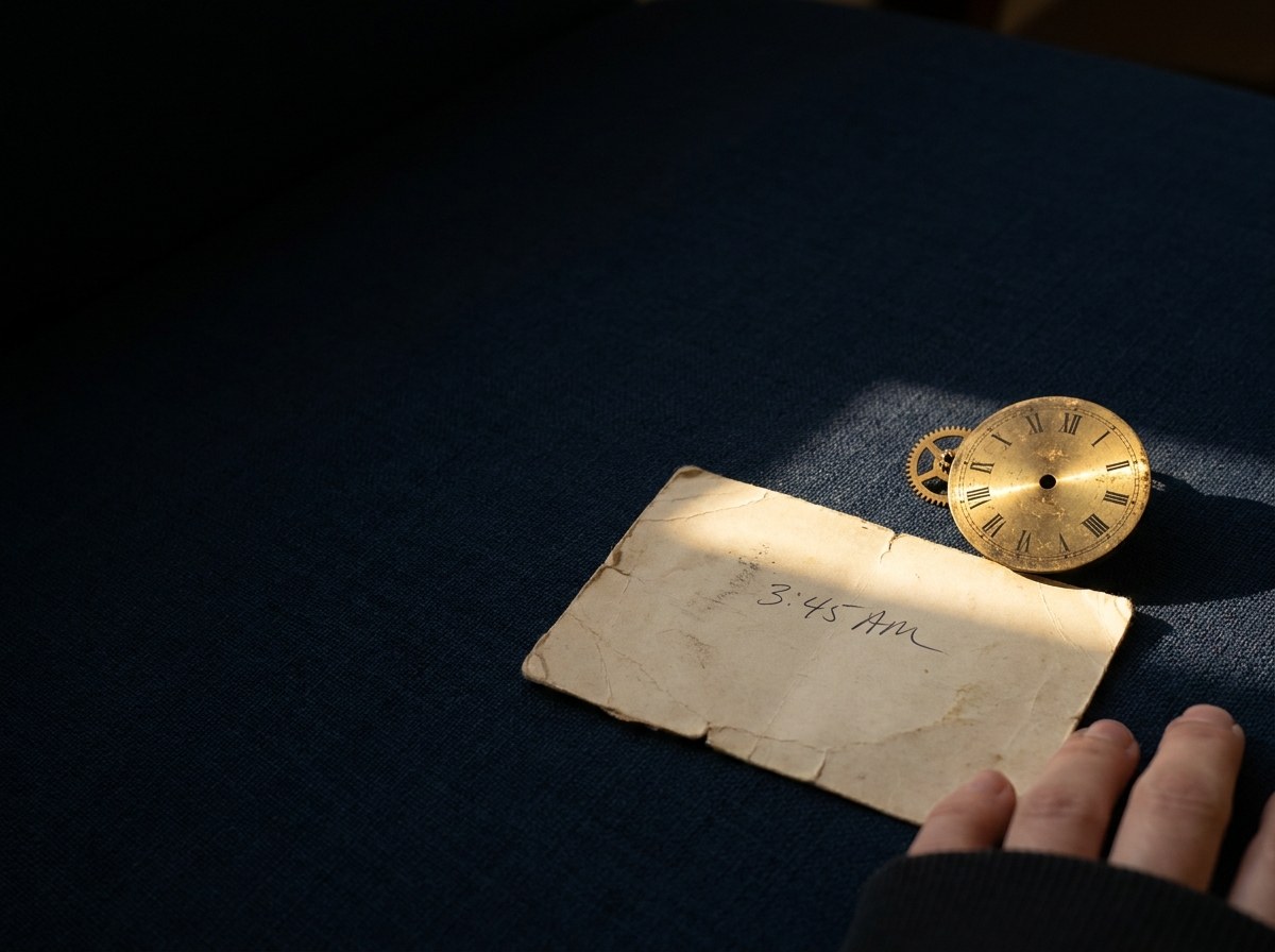 An old hospital baby card with a handwritten time of birth beside a vintage clock in warm light.