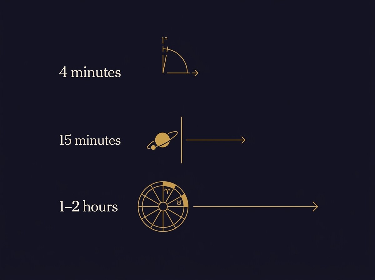 A gold-on-navy infographic of three scales: four minutes shifts the chart about one degree, fifteen minutes can move a planet between houses, one to two hours can change the rising sign.