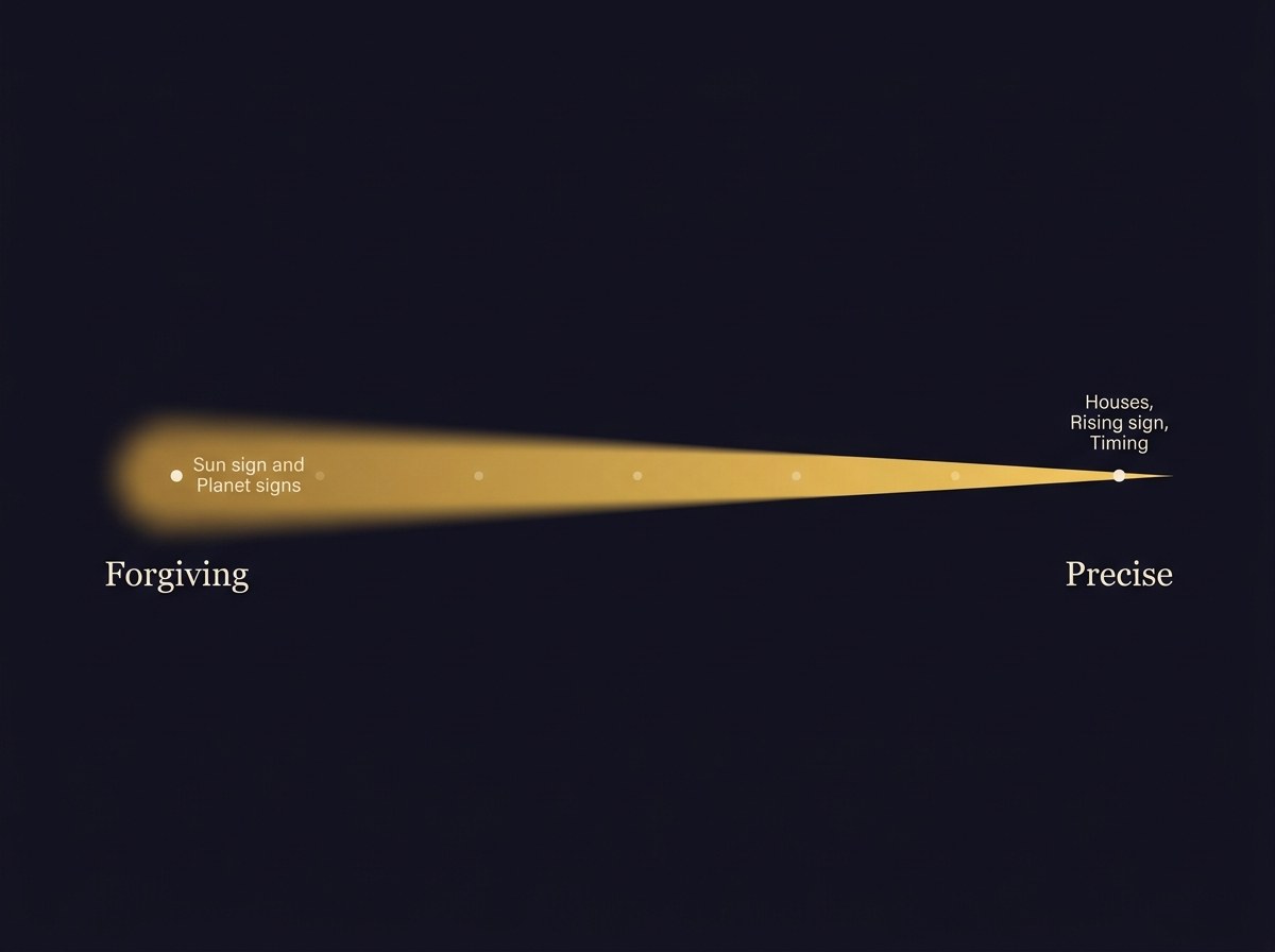 A gold-on-navy spectrum from forgiving to precise: Sun sign and planet signs at the forgiving end, houses, rising sign and timing at the precise end.