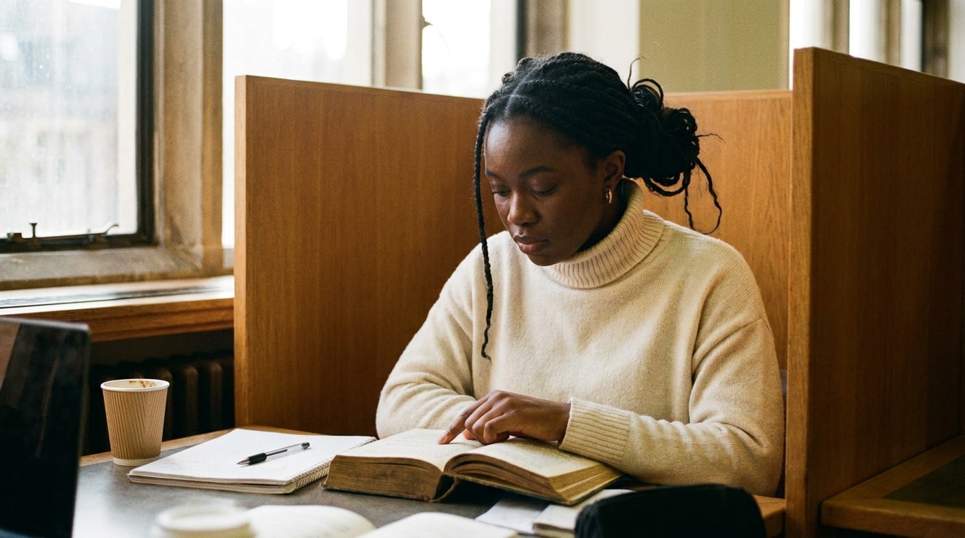 A Black British woman of Caribbean heritage in her late twenties at a university library carrel, cream rollneck jumper, rereading a passage with finger resting on the line, absorbed and focused