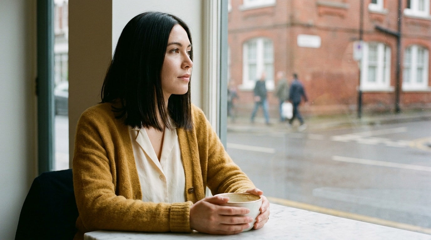 A British woman of East Asian heritage in her late twenties at a café window-seat in afternoon, mustard cardigan, half-finished latte, gazing out at the quiet street, composed and considering