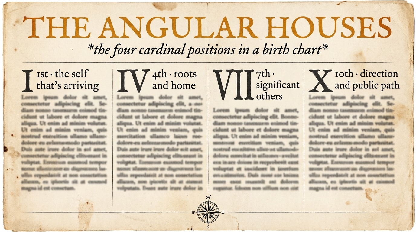 A vintage 1930s British broadsheet newspaper-style infographic on cream paper, the masthead 'THE ANGULAR HOUSES' set in oversized amber serif caps with a black italic kicker, four ink-printed columns underneath each headlining one of the cardinal houses — 1st (the self that's arriving), 4th (roots and home), 7th (significant others), 10th (direction and public path) — with drop-cap initials and a small compass-rose ornament at the foot