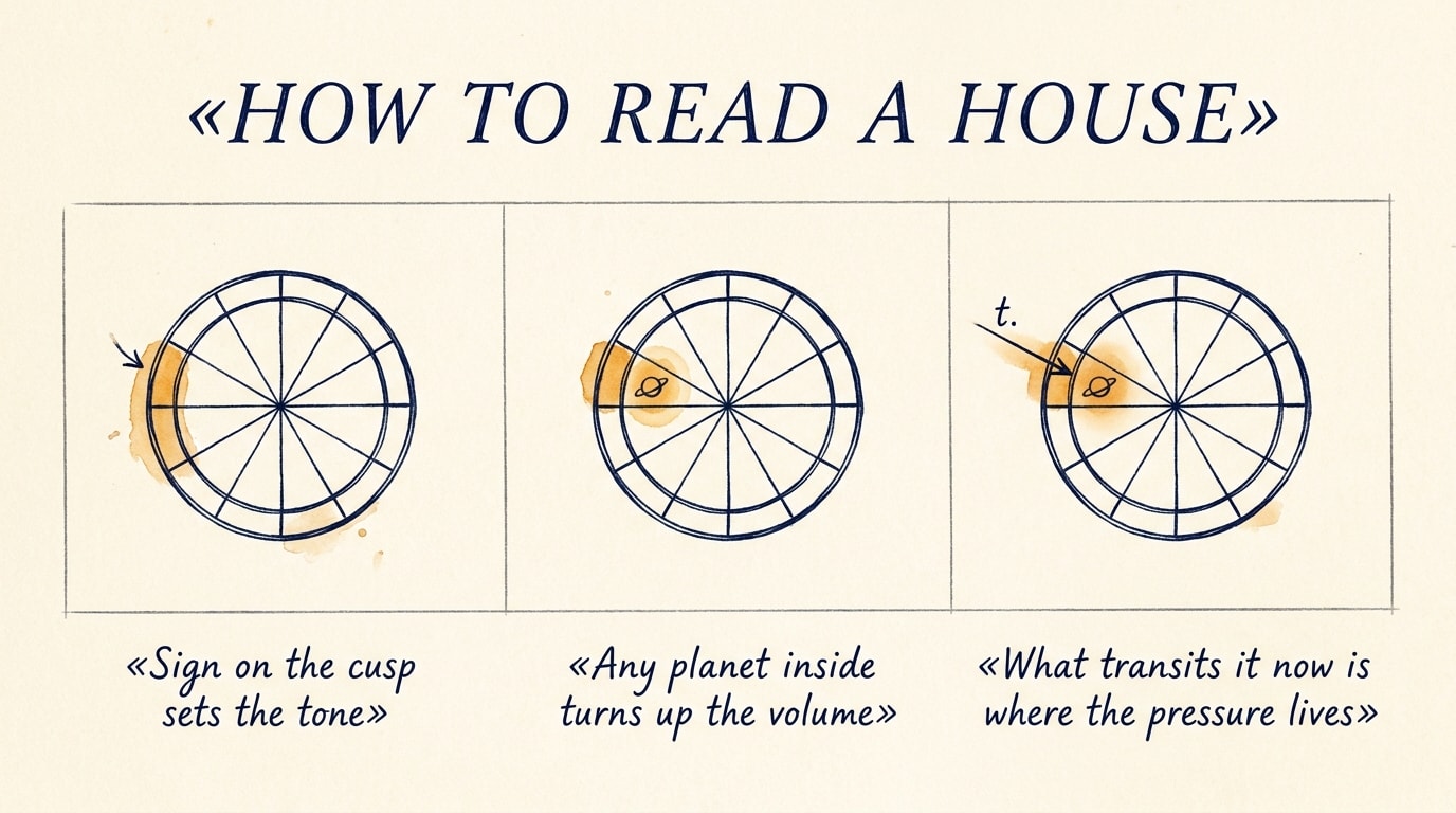 A hand-drawn three-panel comic-strip sequence in the spirit of a New York Times op-ed graphic essay, loose ink lines on warm cream paper with deep-navy outlines and amber accents, three sequential frames showing the three reading questions — 'Sign on the cusp sets the tone', 'Any planet inside turns up the volume', 'What transits it now is where the pressure lives' — each with a small handwritten caption beneath