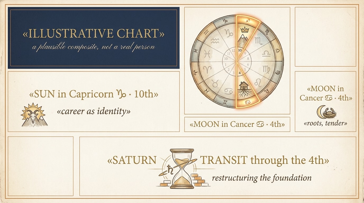 A NotebookLM-style editorial bento-grid infographic on cream paper with one anchor panel in deep navy, six panels of different sizes packed together with amber hairline rules — anchor panel titled 'ILLUSTRATIVE CHART (a plausible composite, not a real person)', adjacent panel showing a simplified chart wheel with 10th and 4th houses glowing amber, smaller tiles labelling SUN in Capricorn 10th (career as identity) and MOON in Cancer 4th (roots, tender), and a wide bottom panel marking SATURN TRANSIT through the 4th — restructuring the foundation