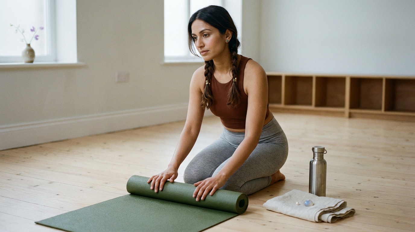 A 29-year-old British Indian woman in yoga studio morning, wearing soft activewear, rolling up mat, soft natural editorial lighting
