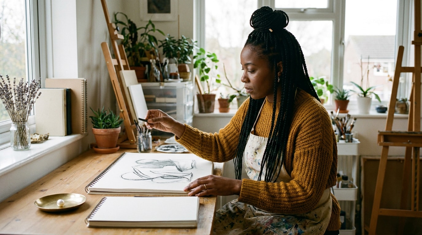 A 34-year-old Black British (West African) woman in art studio side desk, wearing paint-streaked apron over jumper, sketching with charcoal, soft natural editorial lighting