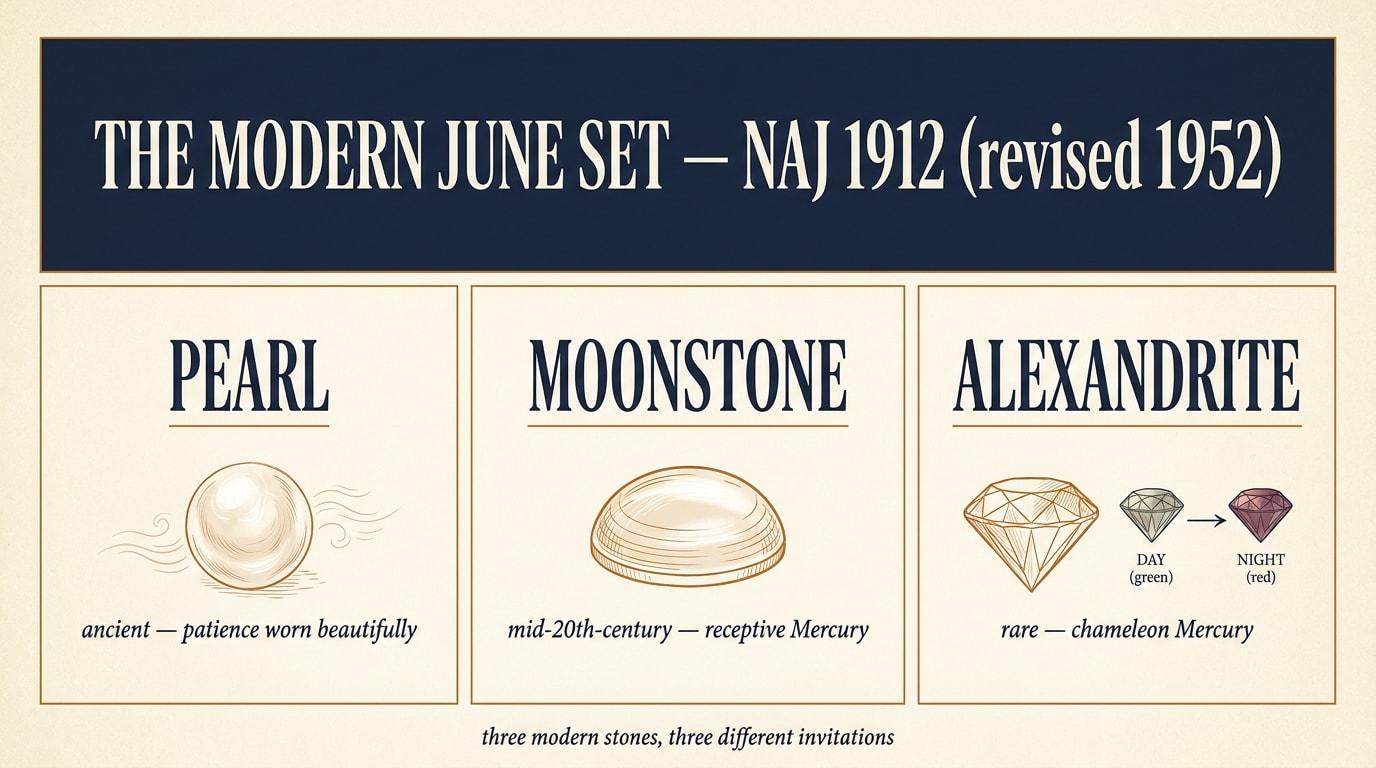 A bento-grid editorial infographic on warm cream paper showing four packed panels — a deep-navy hero panel labelled "The Modern June Set, NAJ 1912 (revised 1952)", then three small pen-line gem illustrations of pearl, moonstone (with adularescent sheen) and alexandrite (with colour-change diagram), each with a tall serif name and a thin amber underline