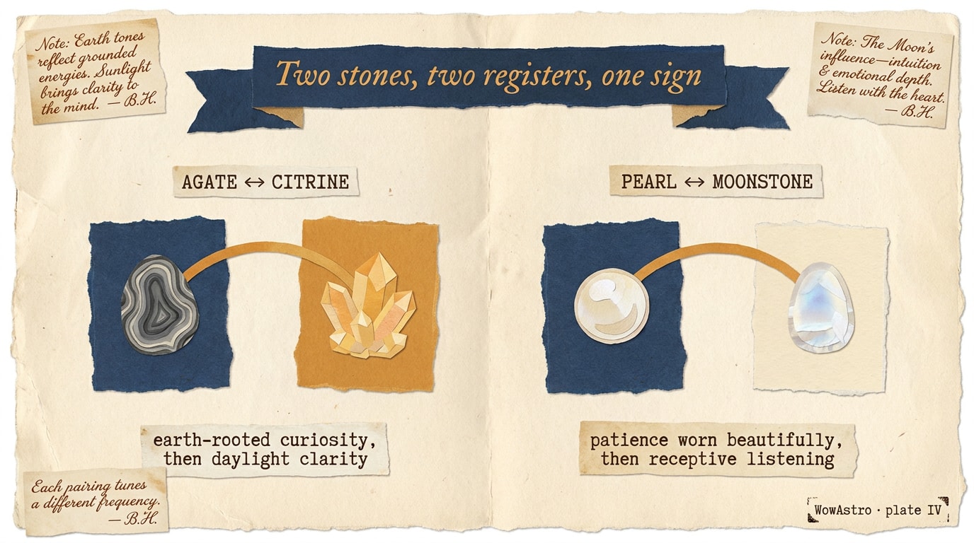 An editorial-collage infographic in the spirit of an FT Weekend Magazine spread on warm cream paper, two paired-stone diagrams arranged side by side — left pairing "Agate ↔ Citrine" as a grounded-and-bright dialogue, right pairing "Pearl ↔ Moonstone" as a cool-lunar duet — each pair joined by a thin amber connecting line, with torn-paper edges, a hand-cut deep-navy ribbon banner reading "Two stones, two registers, one sign", and small handwritten marginal notes