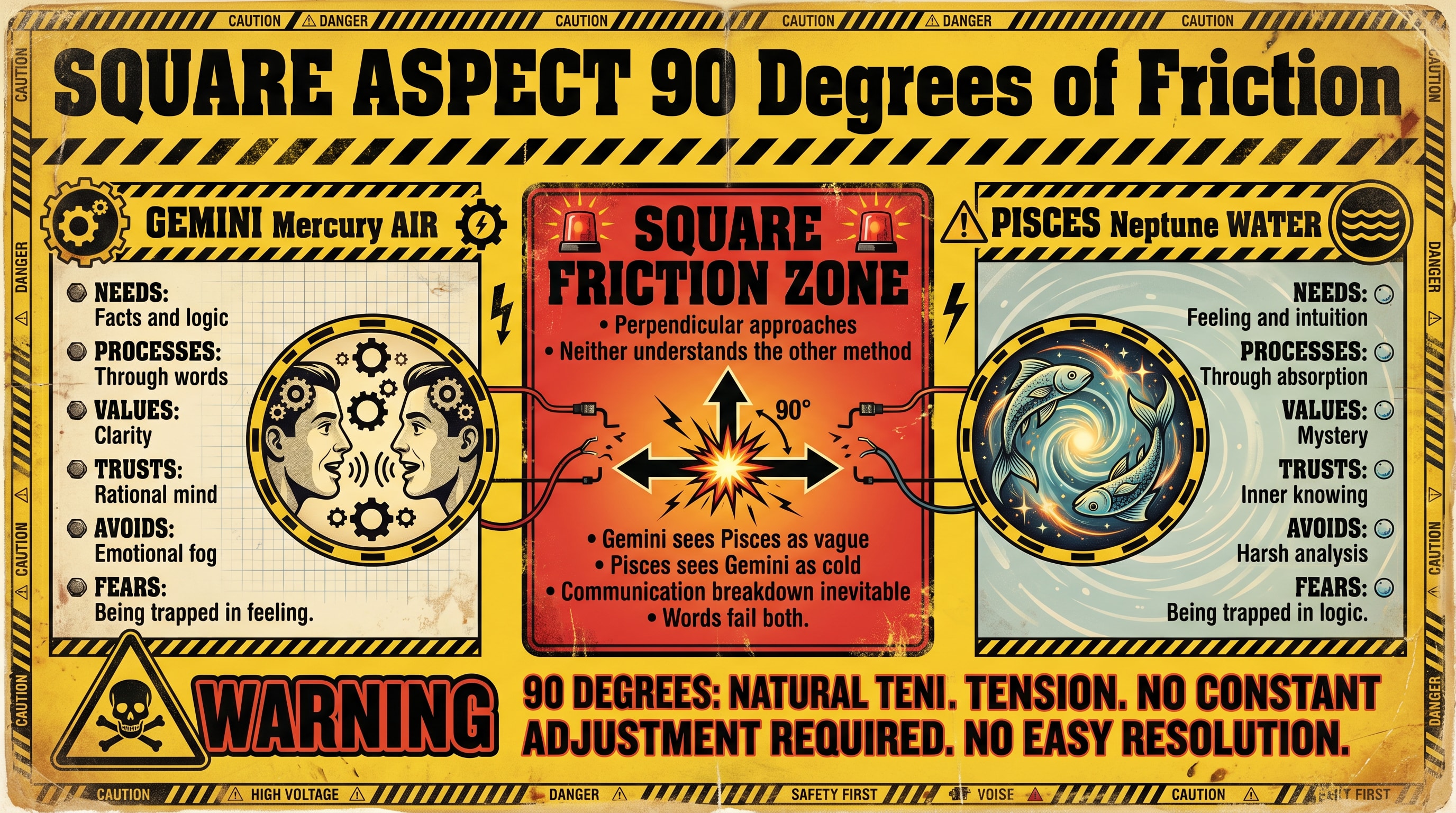 A bento-grid editorial infographic on cream paper showing the zodiac wheel with the 90-degree square between Gemini and Pisces in one panel, comparison panels for 180-degree opposition and 120-degree trine, and a cream-on-deep-navy accent block reading "Square: the friction angle"