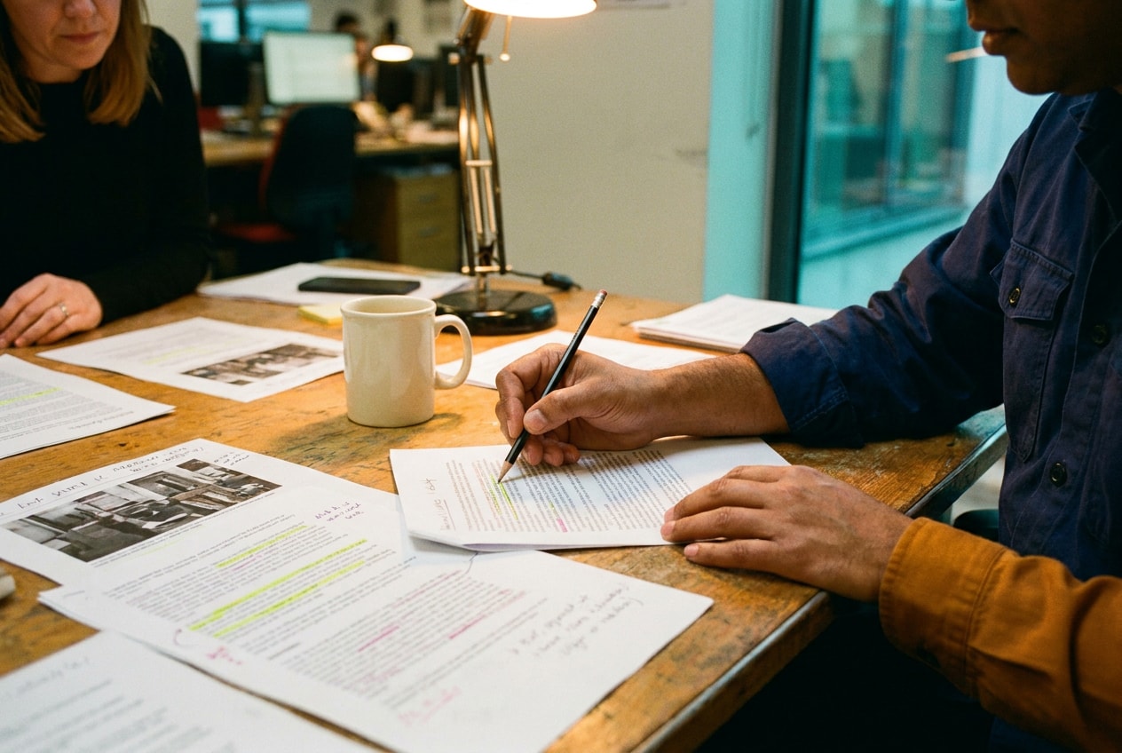Two adult hands at a shared desk, 3:2 horizontal, one a 38-year-old British Bangladeshi man in a navy work shirt with marked-up printouts spread across the wood, a single ceramic coffee mug between them, the other hand reaching across to underline a phrase, soft natural window light from the right