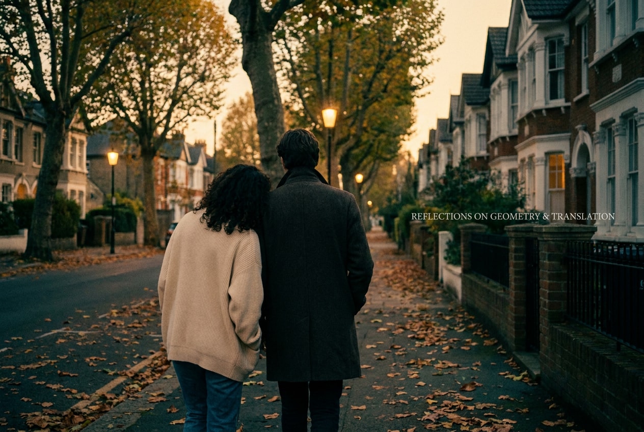 A 36-year-old woman of Latino heritage in an oversized cream cardigan walking beside a partner, rear three-quarter view, both visible only from behind, on a quiet evening street in soft late-amber light, no faces visible