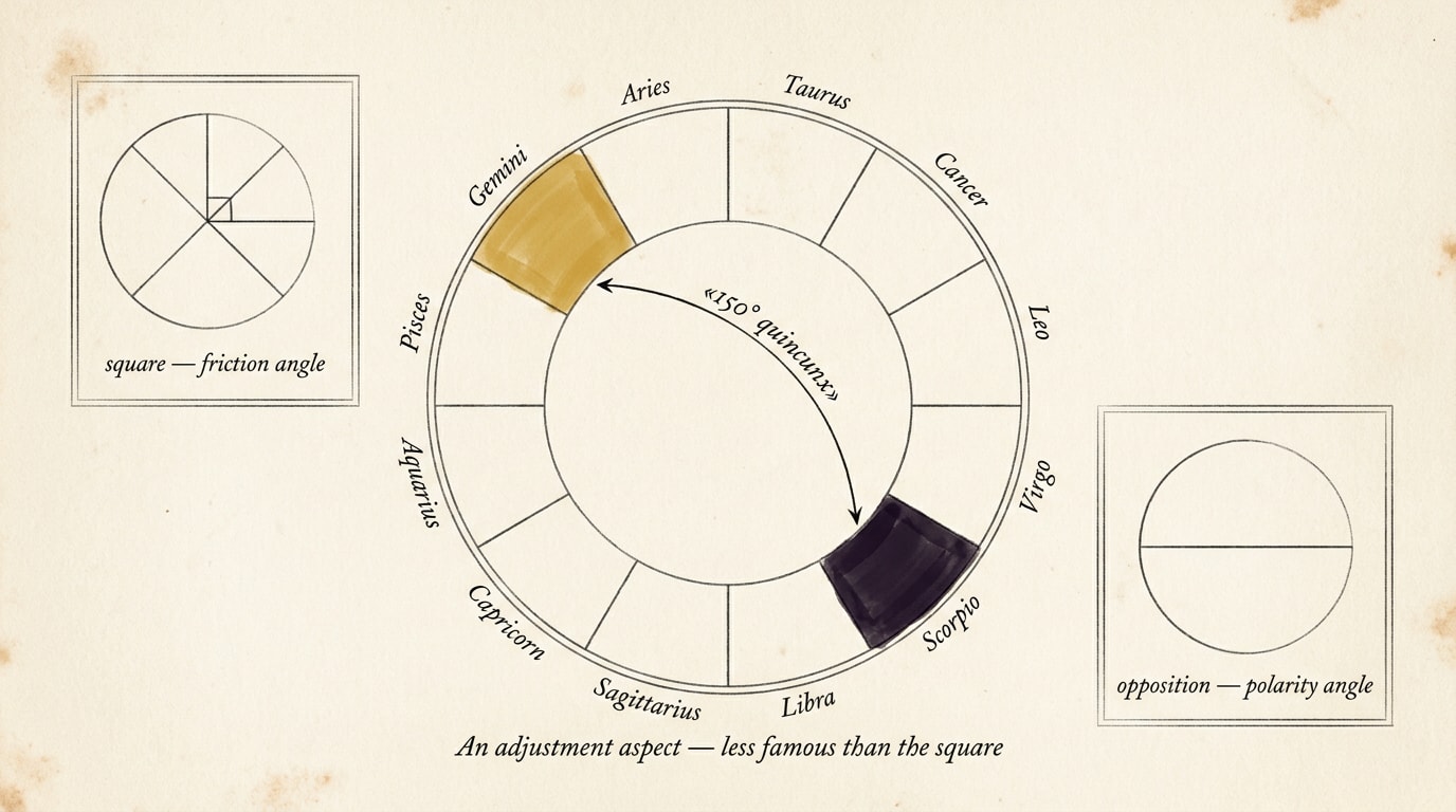 A vintage scientific diagram engraved on cream paper, 16:9 horizontal, in mid-century Audubon style: a zodiac wreath of twelve segments with thin black ink lines, the Gemini segment washed in soft amber and the Scorpio segment washed in deep navy, linked by a slender ink arc labelled "150° quincunx" in copperplate script, with two small side-panels showing comparison aspects — a square (90°) and an opposition (180°) — each labelled, footer reading "an adjustment aspect, less famous than the square"