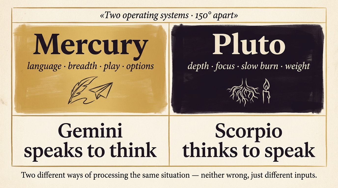 A bento-grid editorial infographic, 16:9 horizontal, on cream paper: a mosaic of four panels of different sizes packed together, heavy editorial typography, the larger left panel filled with a warm-amber wash labelled "Mercury — language · breadth · play · options" with a small line-drawn quill and a paper aeroplane, the larger right panel filled with a deep-navy wash labelled "Pluto — depth · focus · slow burn · weight" with a small line-drawn root system and a candle flame, two smaller bottom panels reading "Gemini speaks to think" and "Scorpio thinks to speak"