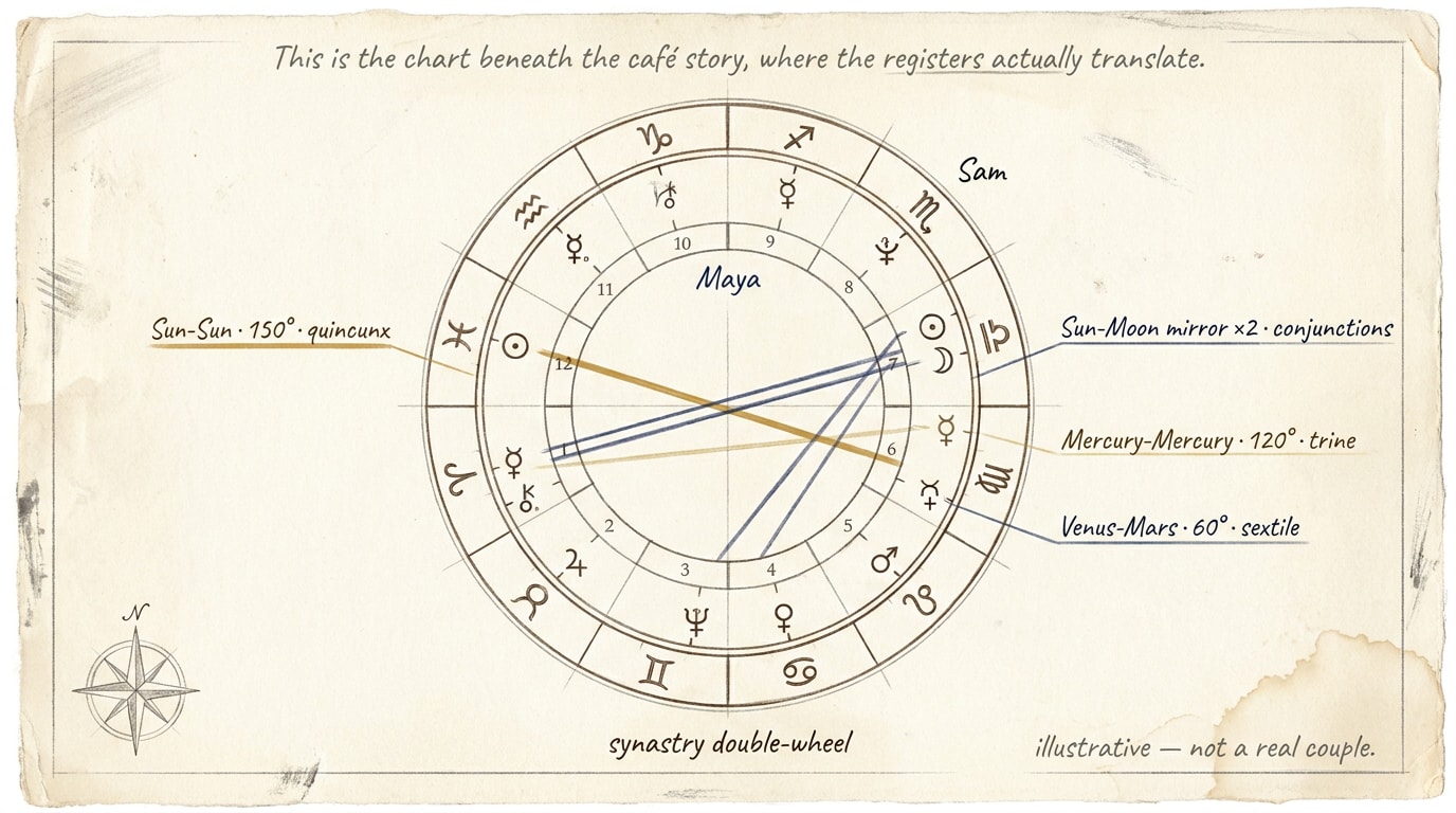 A hand-sketched architectural blueprint infographic, 16:9 horizontal, drafted on aged ivory paper with soft pencil annotations, faint tea-stain in one corner: a synastry double-wheel with Maya's inner ring and Sam's outer ring, four hand-drawn aspect-lines labelled in pencil-script — "Sun-Sun 150° — quincunx" in amber underline, "Sun-Moon mirror ×2 — conjunctions" running between the wheels in soft navy, "Mercury-Mercury 120° — water trine" in faint amber, "Venus-Mars 60° — sextile" in soft navy
