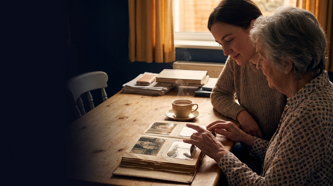 A younger woman and an older relative looking through a photo album at a kitchen table in warm light.