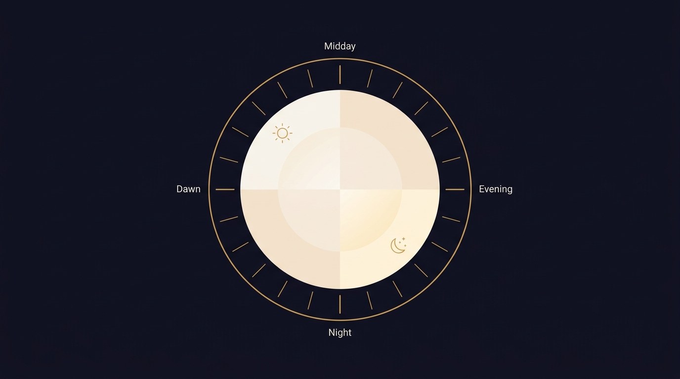 A gold-on-navy 24-hour clock infographic showing how to narrow a birth to part of the day.