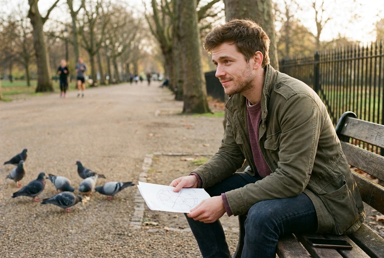 A young White British man on a London park bench in autumn, pausing mid-read with a folded printed birth chart on his lap, phone face-down beside him