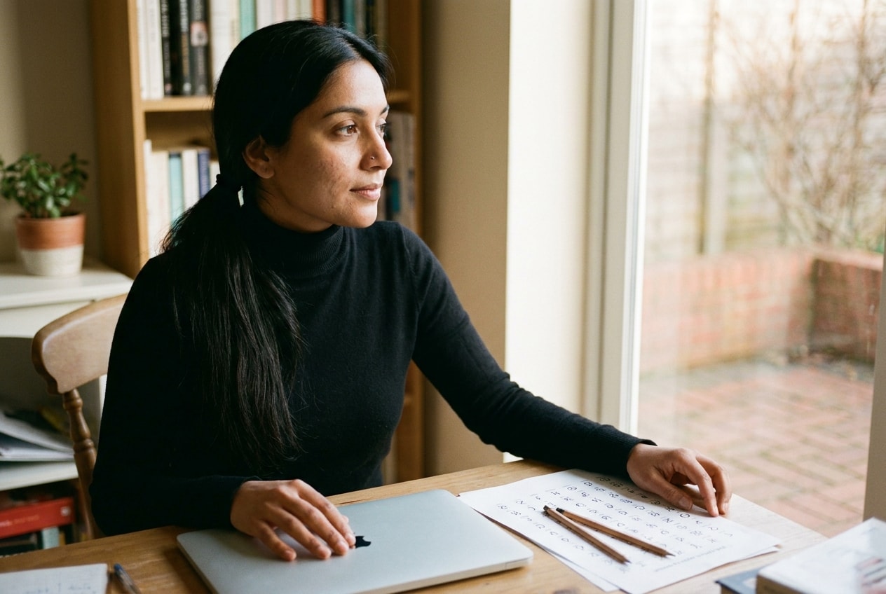 A British Indian woman at her home-office desk on a lunch break, closing her laptop and looking out the window beside a printed birth chart and a folded notebook