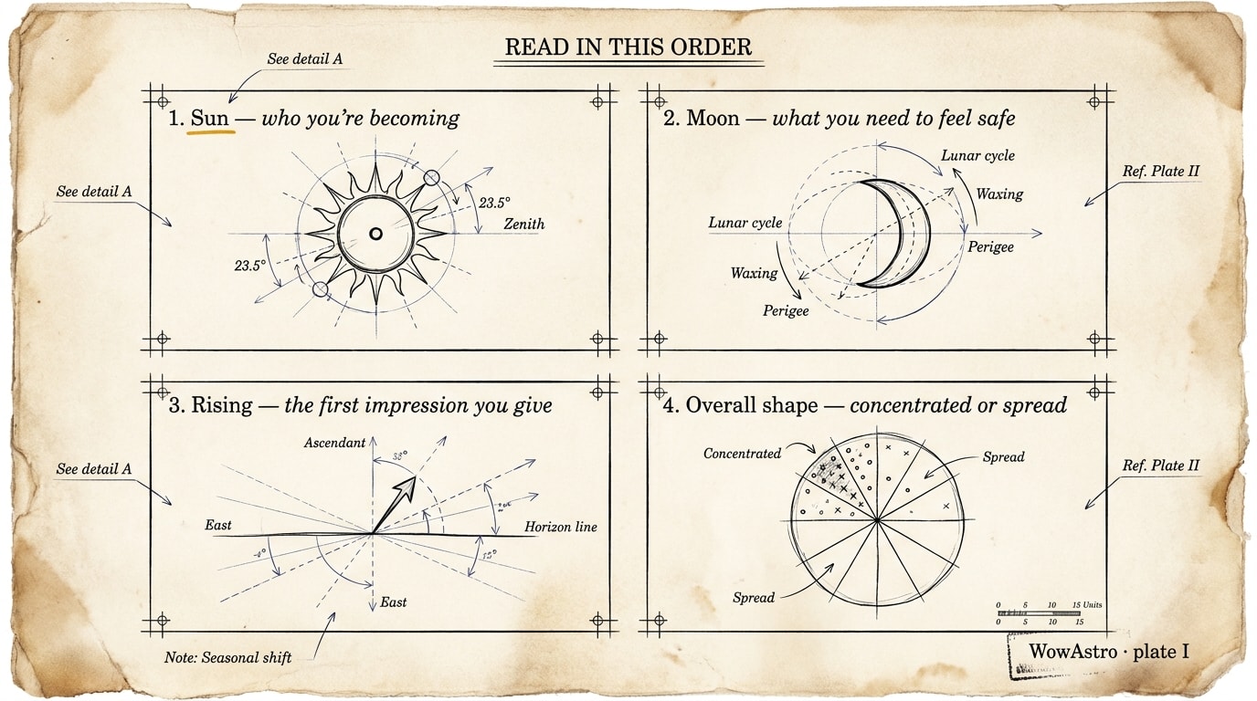 Hand-drawn architectural blueprint on aged ivory paper showing the four placements to read first in a birth chart — Sun, Moon, Rising, Overall shape — as four drafted study panels with pencil annotations