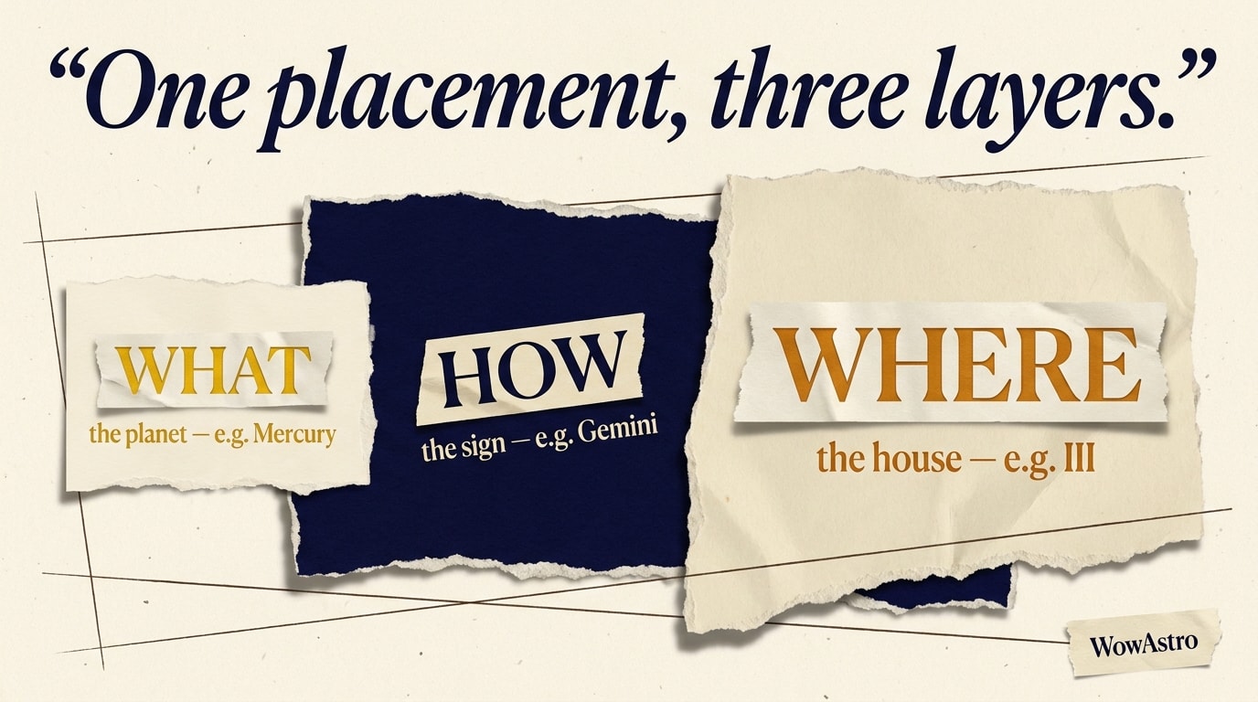 Editorial paper-collage in New Yorker style with torn-paper layers and italic-serif pull-quote stacking planet, sign and house as the three layers of a placement — what, how, where