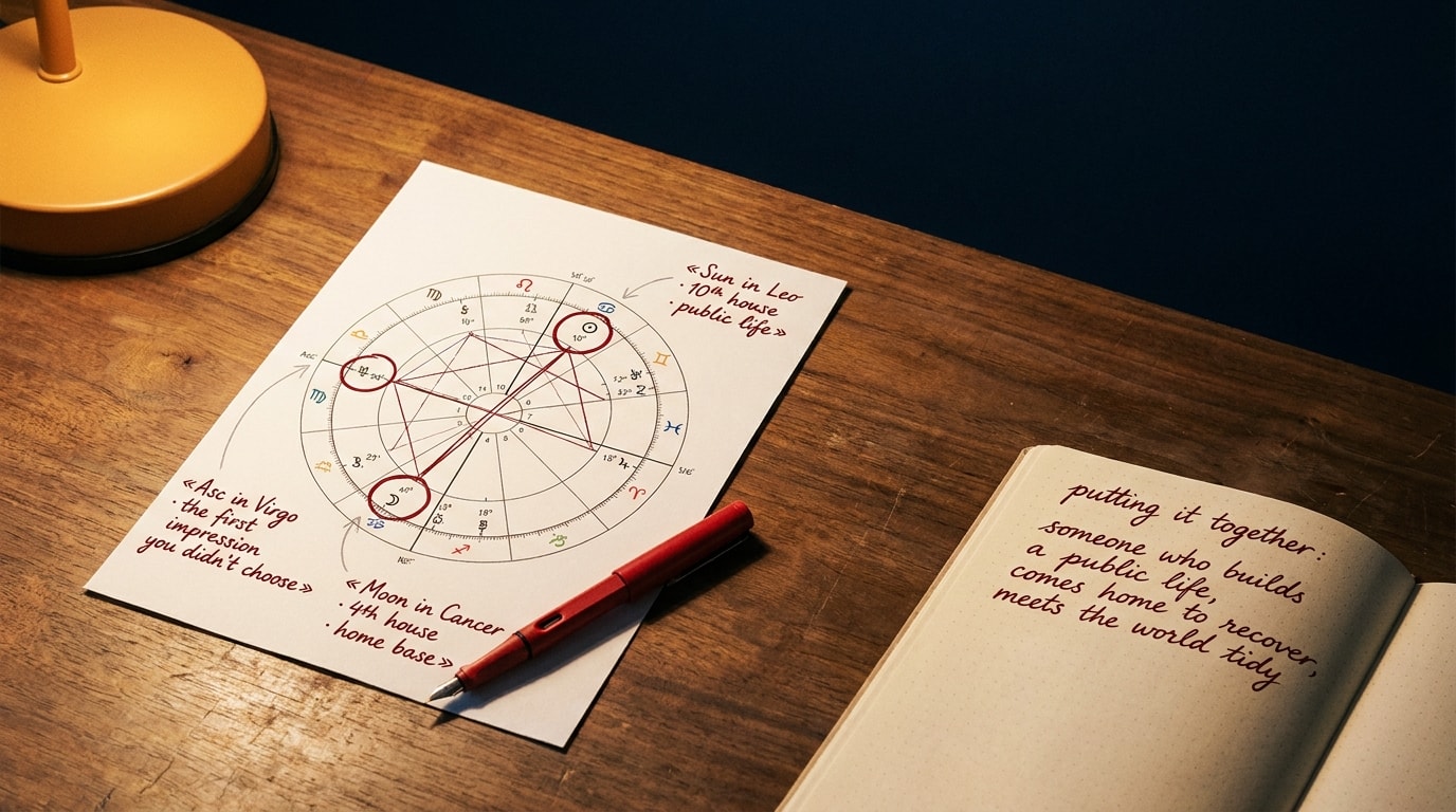 Mid-century scientific engraving in black ink on warm cream paper of an illustrative birth chart wheel — Sun in Capricorn, Moon in Pisces, Rising in Gemini, with a Saturn-Sun square aspect line and engraved numbered legend