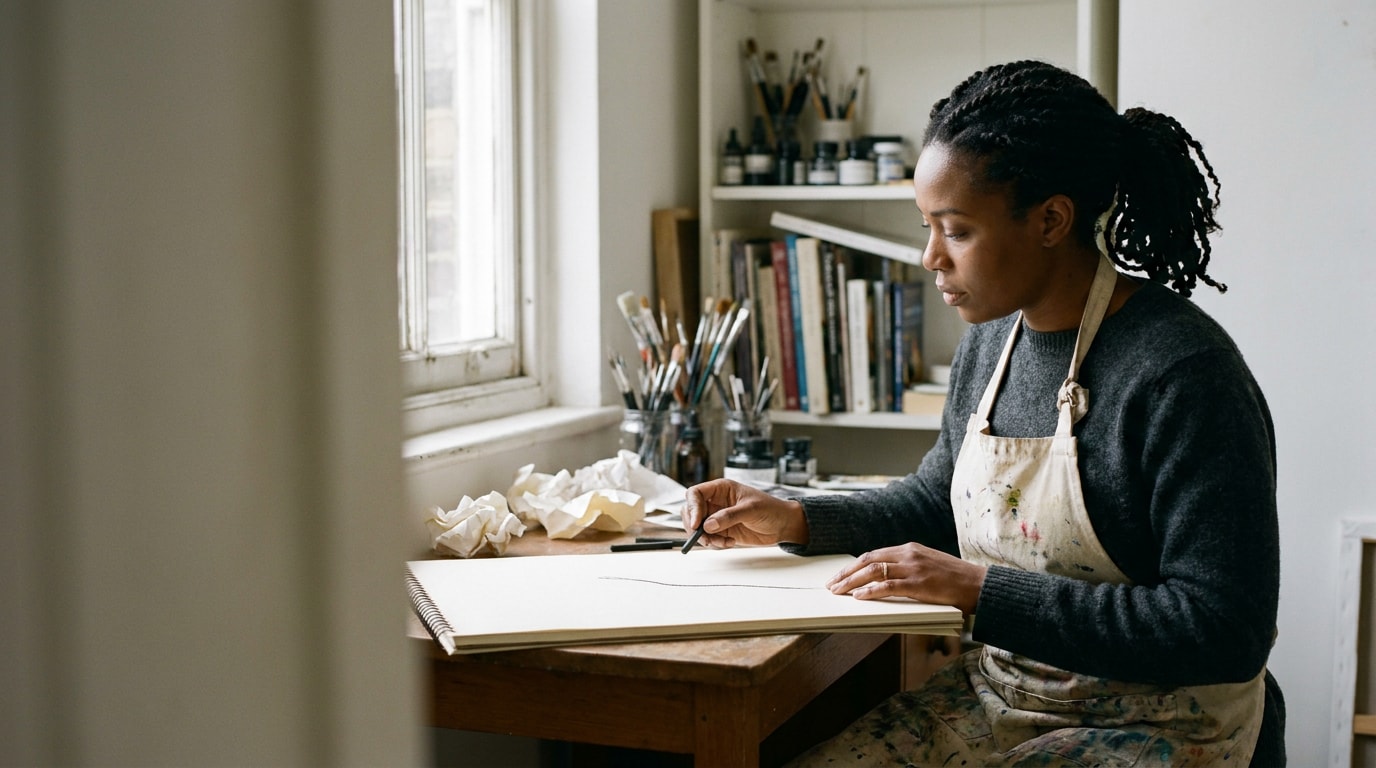 A Black British woman of West African heritage in her mid-thirties at a side desk in her UK art studio, wearing a paint-streaked apron over a charcoal jumper, charcoal stick paused in her hand mid-sketch as she rereads her own line — the Virgo-editor mood, soft daylight from a tall studio window