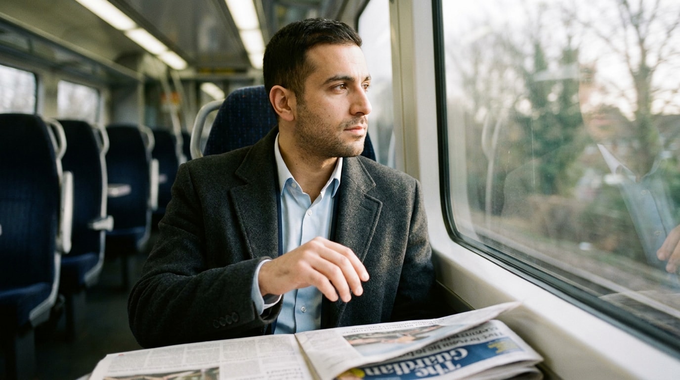 A UK man of Middle Eastern heritage in his mid-thirties on a morning commuter train, wearing a charcoal wool overcoat over a pale-blue shirt, an open broadsheet newspaper on his lap, hand paused above the page as he sits with a passing thought rather than chases it, soft suburban morning light through the window