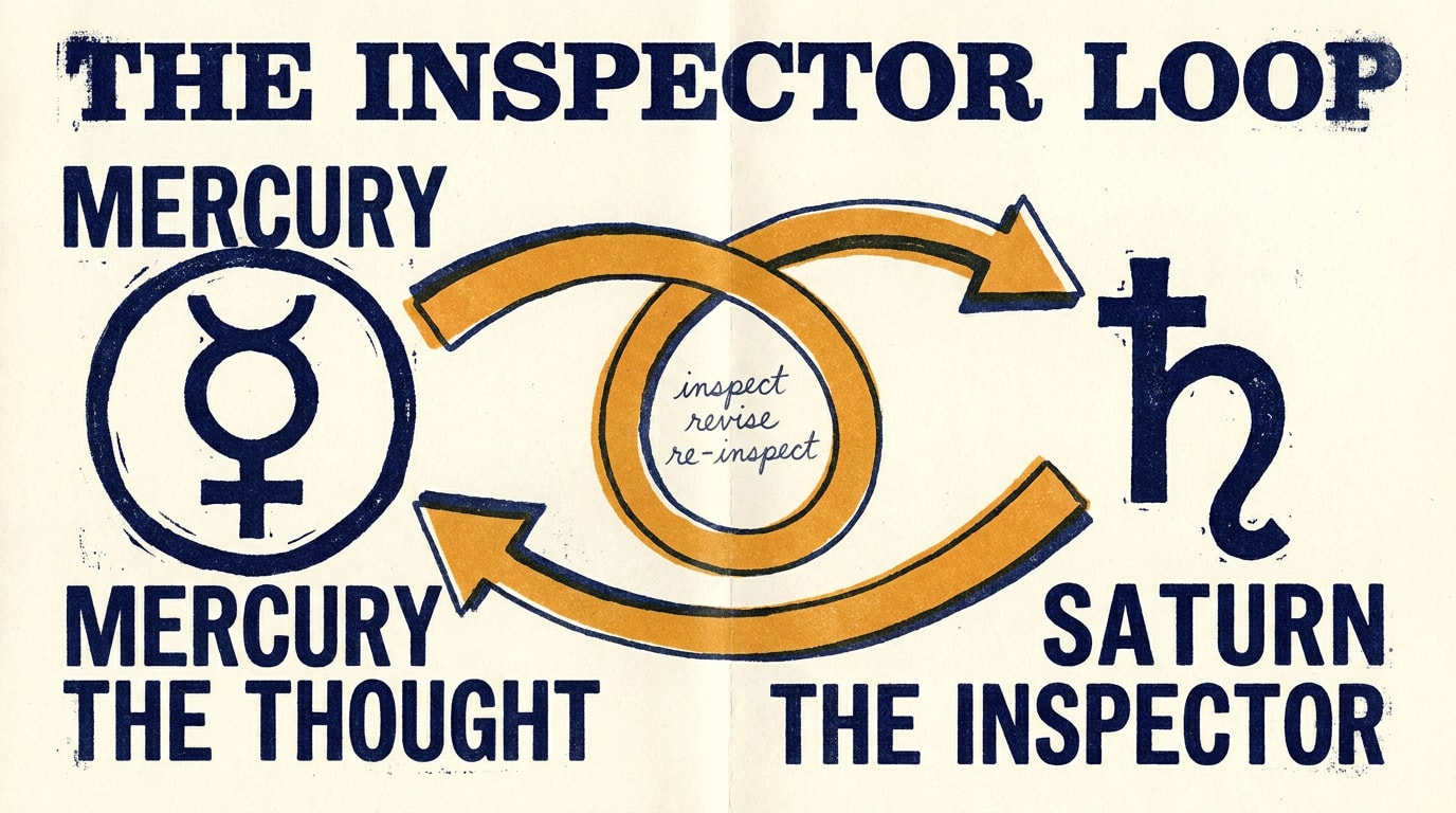 A risograph-print zine diagram of the Mercury–Saturn inspector-loop in deep navy, warm amber and cream with heavy grain and slightly misaligned colour layers: a chunky block-printed Mercury glyph labelled in caps 'MERCURY / THE THOUGHT' on the left, a Saturn glyph labelled 'SATURN / THE INSPECTOR' on the right, a thick hand-cut amber arrow arcing from Mercury to Saturn and looping back on itself with a navy ghost-edge shadow