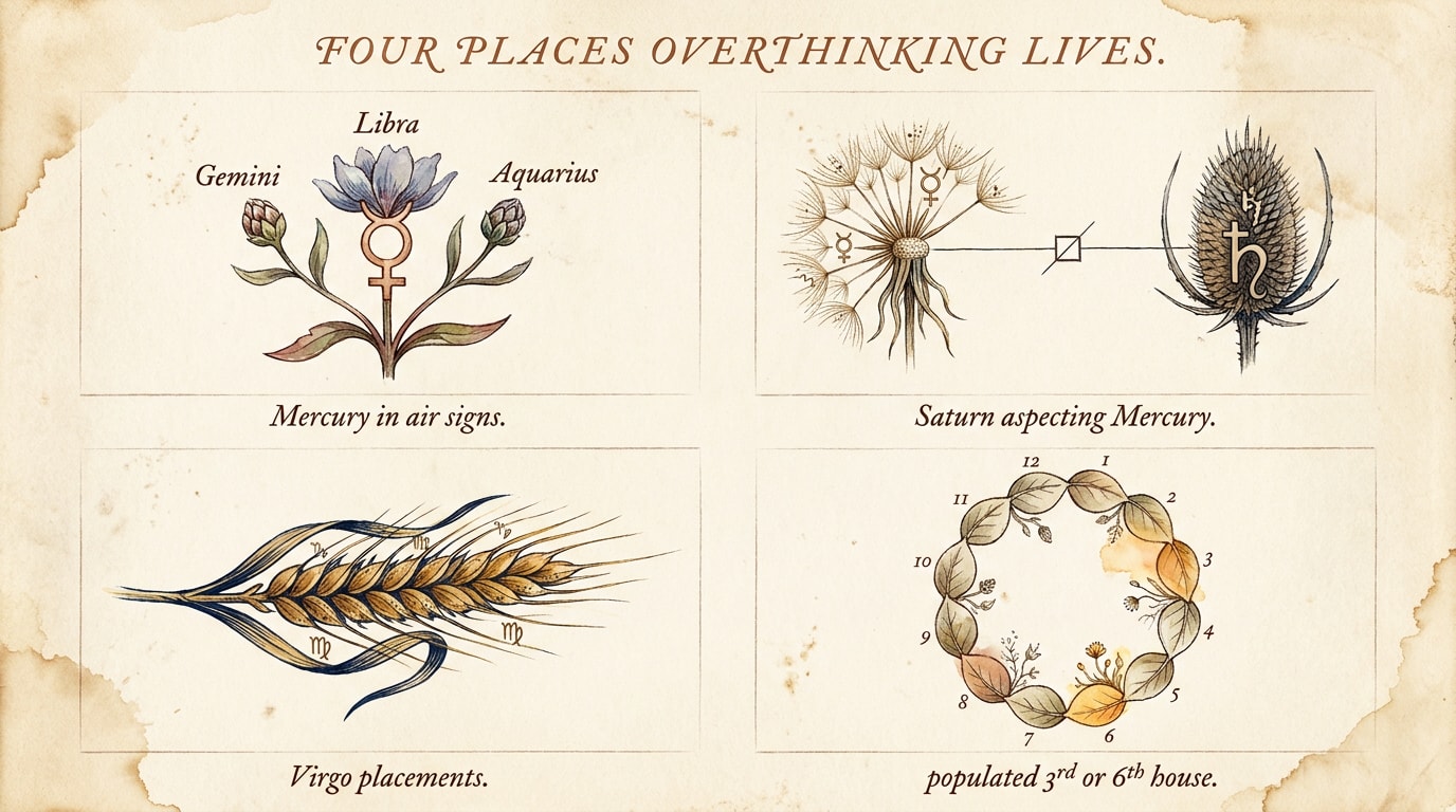An Audubon-style botanical watercolour plate on aged cream paper with copperplate script labels, showing the four places overthinking tends to live as four hand-painted vignettes: top-left a Mercury glyph at the heart of a three-stem wildflower with Gemini, Libra, Aquarius buds labelled 'Mercury in air signs'; top-right Mercury and Saturn seed-heads joined by a fine ink line crossed by a small square labelled 'Saturn aspecting Mercury'; bottom-left a Virgo wheat-ear labelled 'Virgo placements'; bottom-right a twelve-leaf house-wheel ring with segments 3 and 6 washed amber labelled 'Populated 3rd or 6th house'