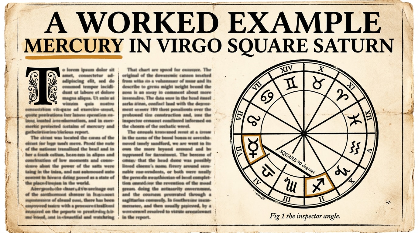 A vintage 1930s broadsheet newspaper page on warm cream paper, black ink with a single amber accent on the headline 'A WORKED EXAMPLE — MERCURY IN VIRGO, SQUARE SATURN', multi-column body text with a drop-cap 'T' on the left half, and on the right half a black-ink woodcut chart wheel with twelve segment dividers, Mercury highlighted at the Virgo segment (8–9 o'clock) and Saturn at the Sagittarius segment (6 o'clock) joined by a straight chord-line labelled in small italic caps 'SQUARE (90°)', italic caption underneath 'Fig. 1 — the inspector's angle'