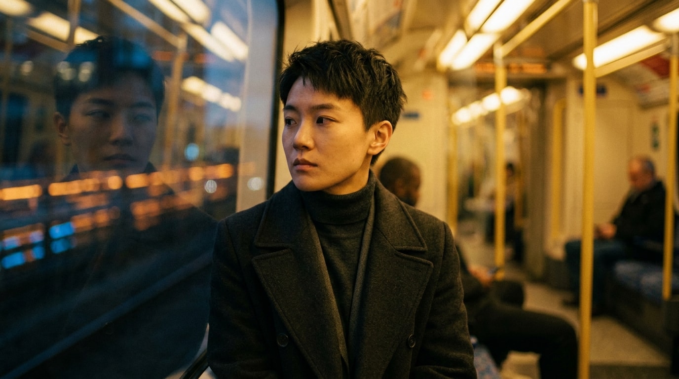 An androgynous person of East Asian heritage in their late thirties, in monochrome layers, standing in a London Underground carriage in the evening and gazing at their own reflection in the dark window with a thoughtful, mid-pause expression