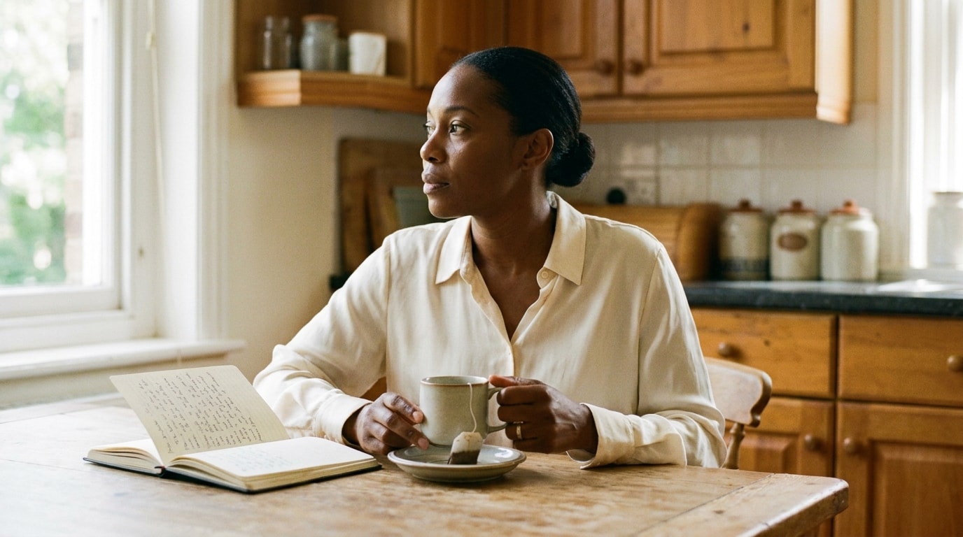 A Black British woman of Caribbean heritage in her early forties, in a soft cream silk-cotton blouse, sitting at her home kitchen table in late-morning light, an open journal beside her and a mug of tea whose tea bag still dangles from her fingers as she gazes past the page in mid-thought