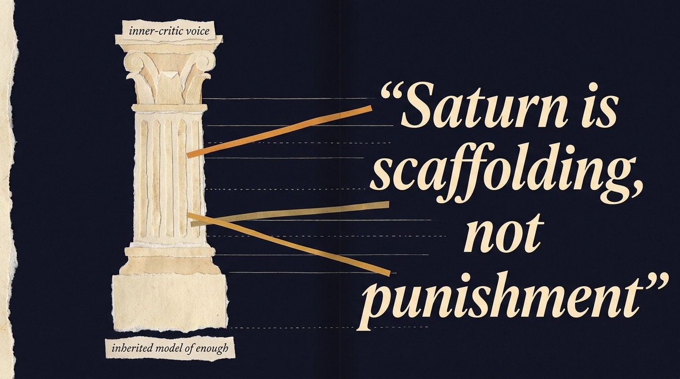 An editorial torn-paper collage in New Yorker / FT Weekend style on a deep navy ground, with a cream paper-cut classical column on the left labelled 'inherited model of enough' at the plinth and 'inner-critic voice' at the capital, an oversized italic serif pull-quote on the right reading 'Saturn is scaffolding, not punishment', amber scissor-cut strips and thin rule-lines crossing the spread