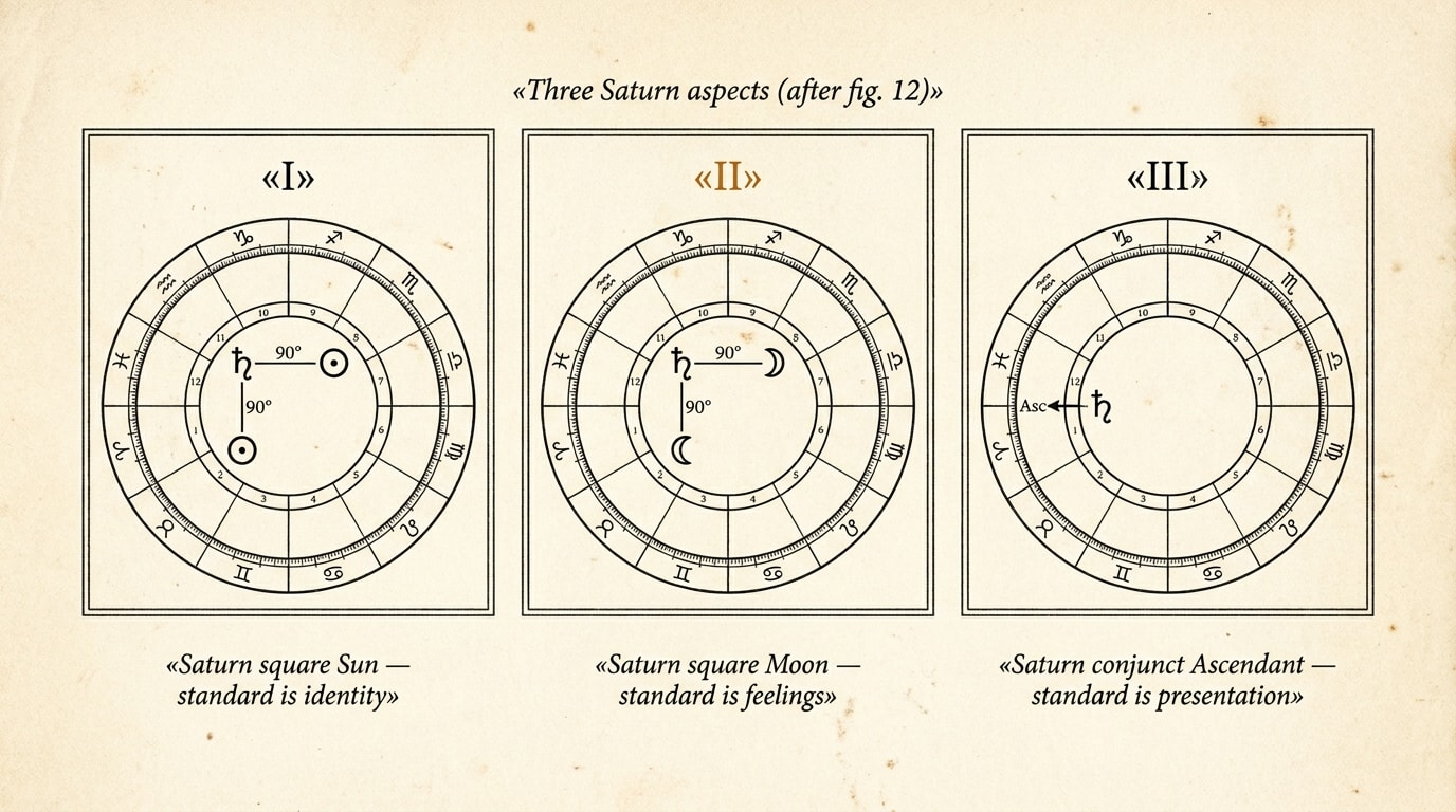 A vintage mid-century scientific-textbook plate on warm cream paper, with three labelled cross-sectional chart-wheel specimens in thin black engraved ink — Specimen I 'Saturn square Sun — standard is identity', Specimen II 'Saturn square Moon — standard is feelings' (single amber accent on its Roman numeral), Specimen III 'Saturn conjunct Ascendant — standard is presentation' — small serif plate-title 'Three Saturn aspects (after fig. 12)' at the top
